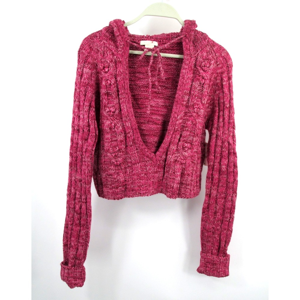 Arizona Pullover Scoop Neck Hooded Cable Knit Sweater Women XL Berry Marled